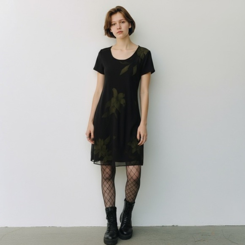 Vintage Womens Whimsey Goth Dress Black Floral Sheer Soft Fairycore Size 12